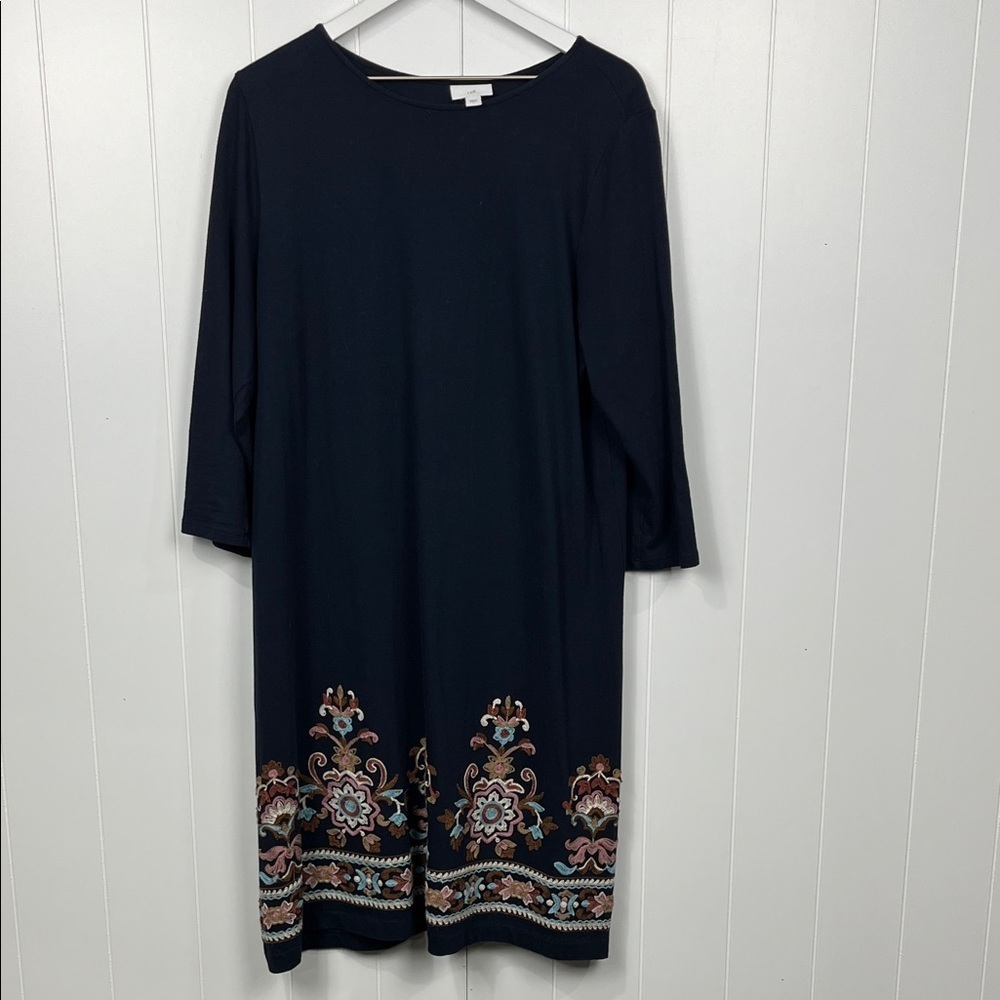 J. Jill Womens Midi Dress L Navy w/Pink & Brown Embroidery 3/4 Sleeves Pullover
